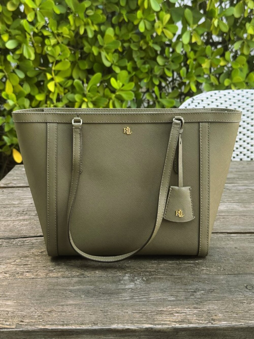 Ralph Lauren Sage Green Crosshatch Leather Medium Clare Tote with Gold Accents